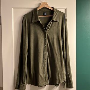 Army green, comfy cotton jersey button down shirt. XL- Tall